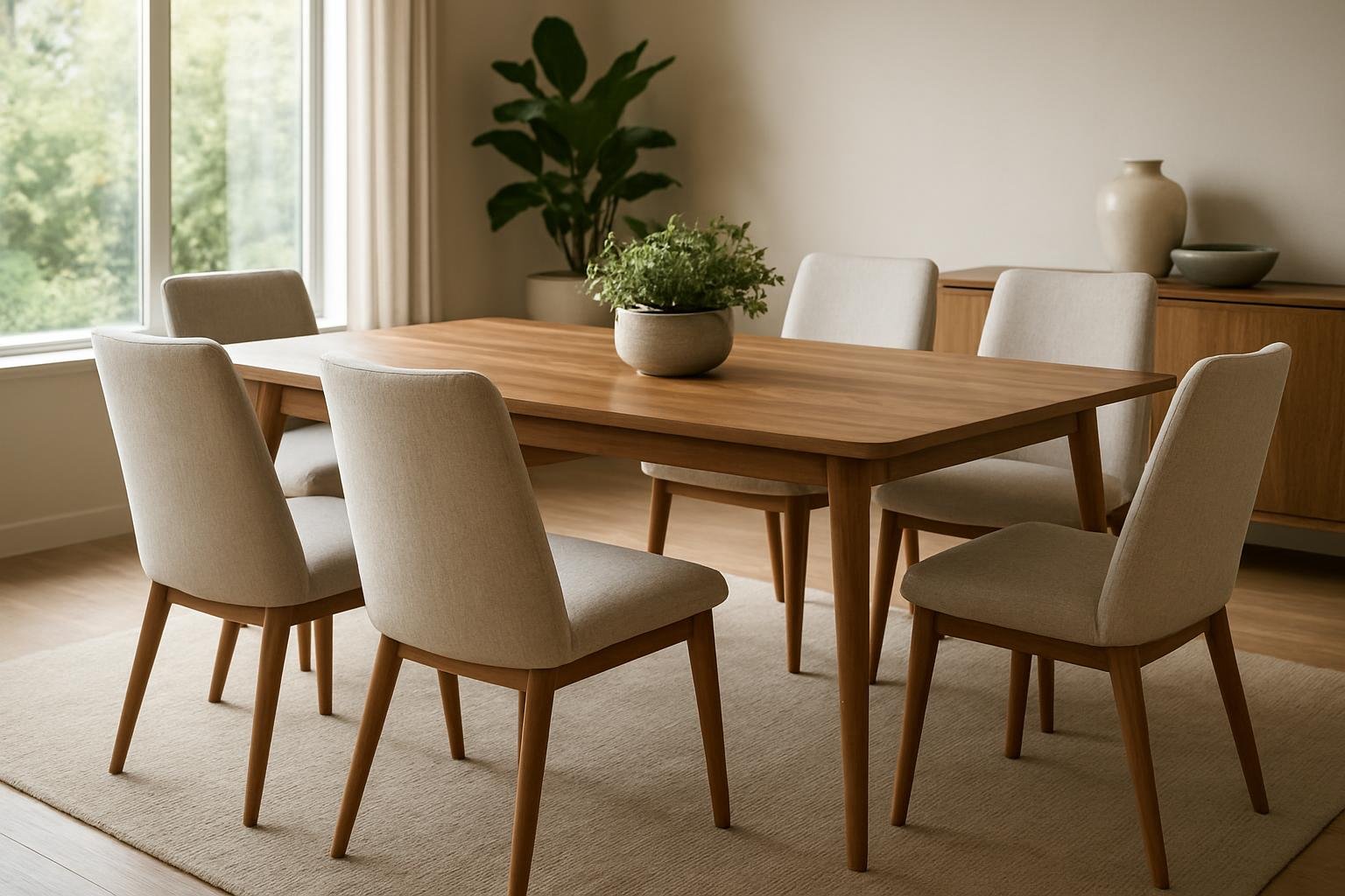 Modern étkezőasztal hat kényelmes székkel, növényekkel díszítve.