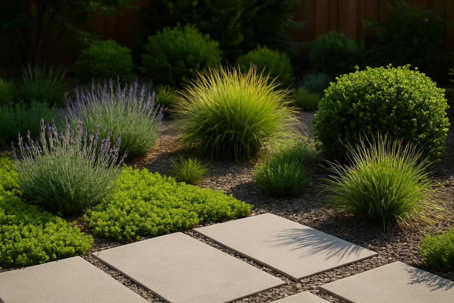 Alacsony gondozási igényű kert színes növényekkel és kövekből készült ösvénnyel