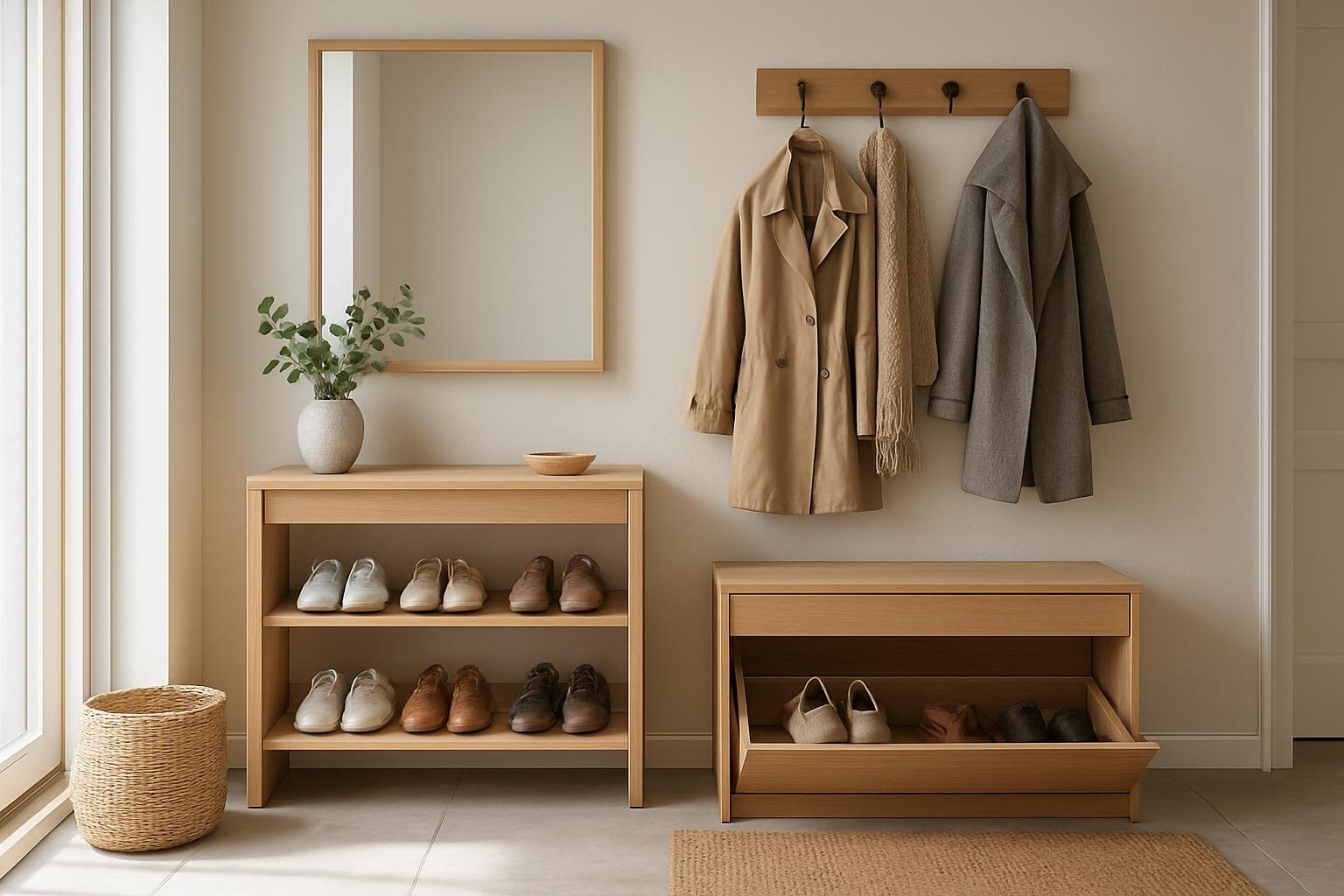 Modern előszoba bútor cipőtárolóval és kabátakasztóval.