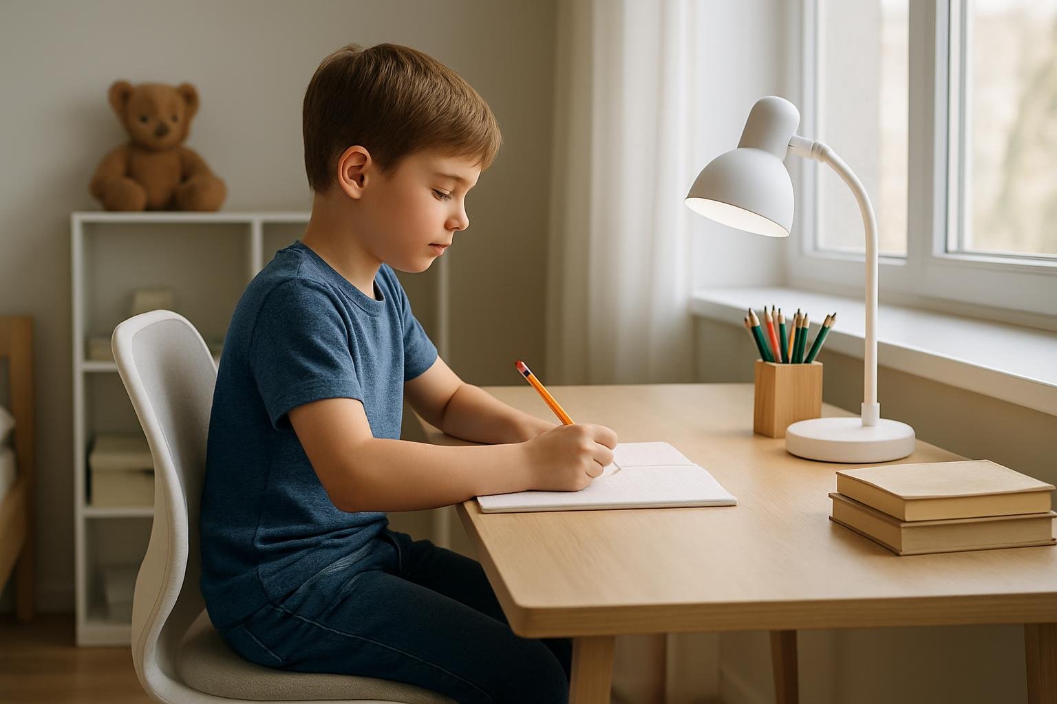 Gyerek az íróasztalnál tanul, ergonomikus beállítással.