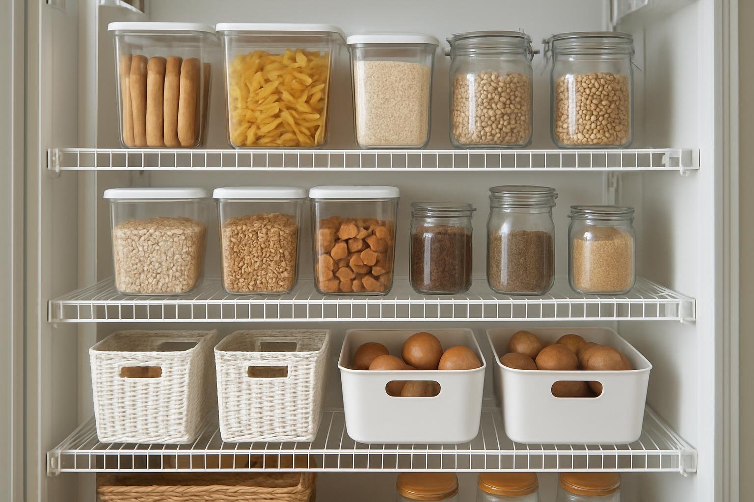 Rendezett kamra esztétikus tárolókkal és polcrendszerek