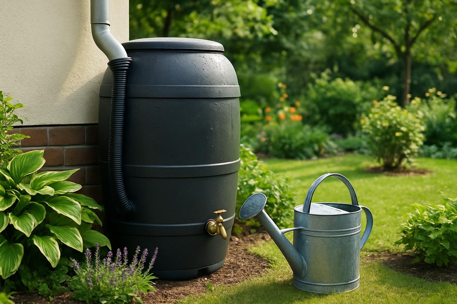 Esővízgyűjtő tartály és öntözőkanna a kertben