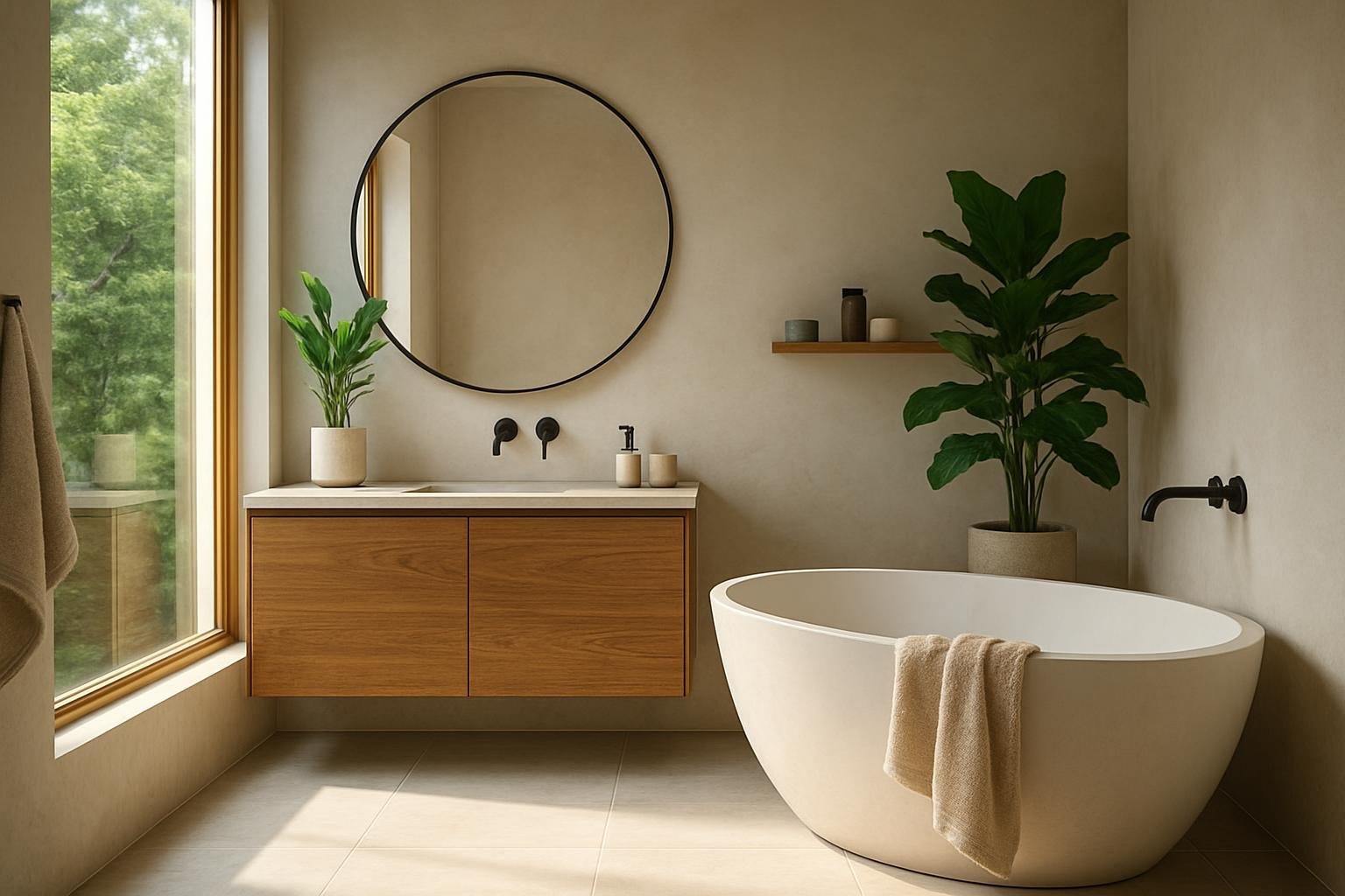 Modern fürdőszoba fenntartható anyagokkal és designnal.