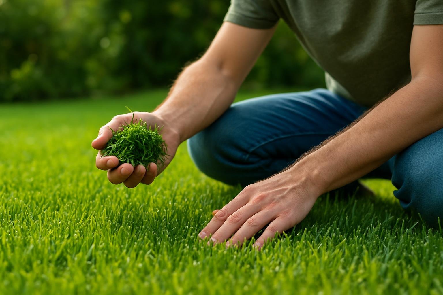 Férfi a gyepen, fűgolyót tart a kezében, kertrendezés.