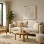 Modern nappali berendezés világos színekkel és bútorokkal