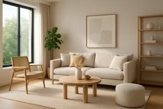 Modern nappali berendezés világos színekkel és bútorokkal