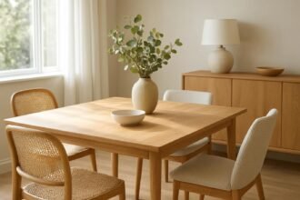 Időtálló étkezőasztal modern stílusú bútordarabokkal.