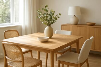 Időtálló étkezőasztal modern stílusú bútordarabokkal.