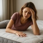 Egy nő fáradtan ül egy matracon, kezével a fejét fogva.