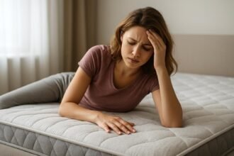 Egy nő fáradtan ül egy matracon, kezével a fejét fogva.