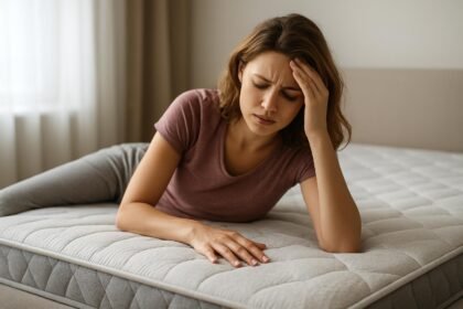 Egy nő fáradtan ül egy matracon, kezével a fejét fogva.