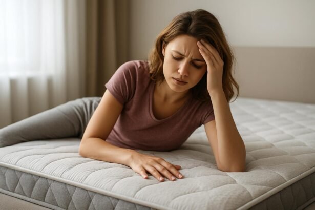 Egy nő fáradtan ül egy matracon, kezével a fejét fogva.