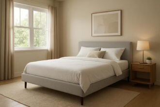 Modern hálószoba franciaággyal és elegáns berendezéssel.