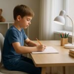 Gyerek az íróasztalnál tanul, ergonomikus beállítással.