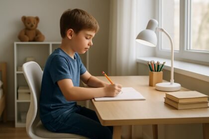 Gyerek az íróasztalnál tanul, ergonomikus beállítással.