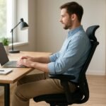 Kényelmes irodai székben dolgozó férfi otthoni környezetben