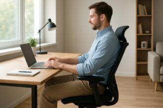 Kényelmes irodai székben dolgozó férfi otthoni környezetben