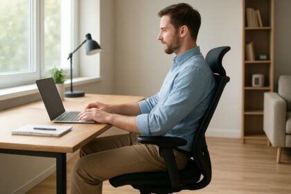 Kényelmes irodai székben dolgozó férfi otthoni környezetben