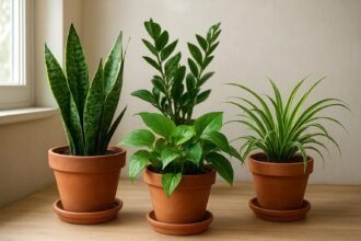 Három könnyen gondozható beltéri növény cserépben.