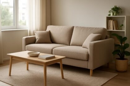 Helytakarékos bézs kanapé kis lakás nappalijában.