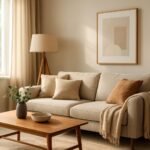 Hangulatos nappali berendezés állólámpával és növényekkel