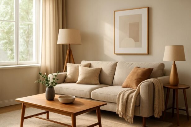 Hangulatos nappali berendezés állólámpával és növényekkel