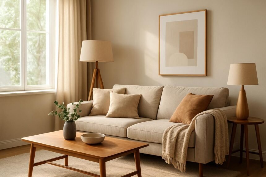 Hangulatos nappali berendezés állólámpával és növényekkel