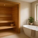 Moderne szauna és fürdőszoba egy helyiségben, természetes anyagokkal.