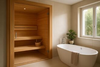 Moderne szauna és fürdőszoba egy helyiségben, természetes anyagokkal.