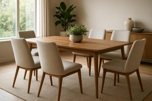 Modern étkezőasztal hat kényelmes székkel, növényekkel díszítve.