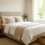 Tökéletes vendégszoba berendezése kényelmes ágyjal és világos dekorációval.