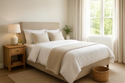 Tökéletes vendégszoba berendezése kényelmes ágyjal és világos dekorációval.