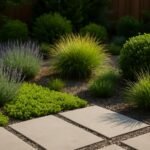 Alacsony gondozási igényű kert színes növényekkel és kövekből készült ösvénnyel