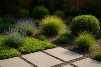 Alacsony gondozási igényű kert színes növényekkel és kövekből készült ösvénnyel