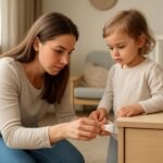 Egy szülő és gyermek a gyerekszobában biztonsági zárat szerelnek fel a bútorra.