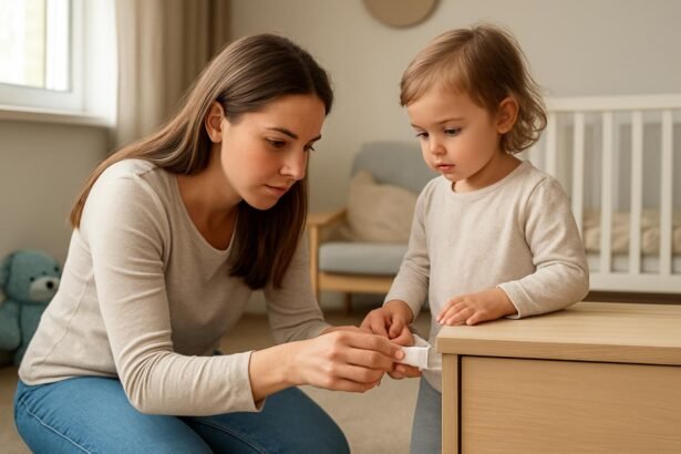 Egy szülő és gyermek a gyerekszobában biztonsági zárat szerelnek fel a bútorra.