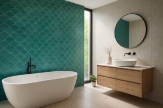 Modern fürdőszoba csempe trendek 2024: zöldeskék mozaikfal és minimalista berendezés