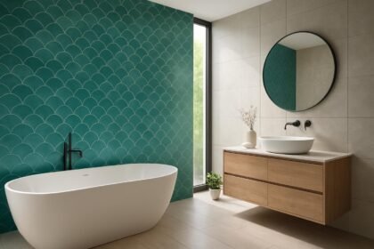 Modern fürdőszoba csempe trendek 2024: zöldeskék mozaikfal és minimalista berendezés