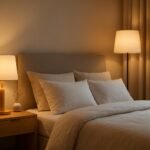 Modern éjjeli lámpák a hálószobában, meleg világítással.