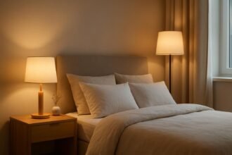 Modern éjjeli lámpák a hálószobában, meleg világítással.