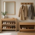 Modern előszoba bútor cipőtárolóval és kabátakasztóval.