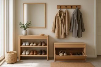 Modern előszoba bútor cipőtárolóval és kabátakasztóval.