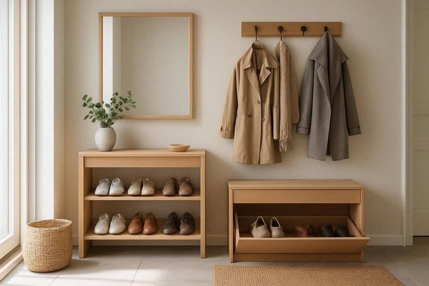 Modern előszoba bútor cipőtárolóval és kabátakasztóval.