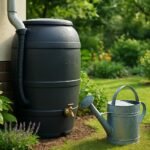 Esővízgyűjtő tartály és öntözőkanna a kertben