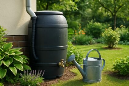 Esővízgyűjtő tartály és öntözőkanna a kertben