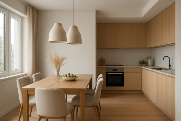 Modern konyha és étkező egyben, világos fából készült bútorokkal.