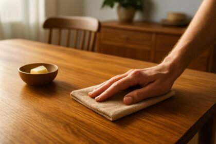 Fa bútor ápolása törlőkendővel és péppel egy asztalon.