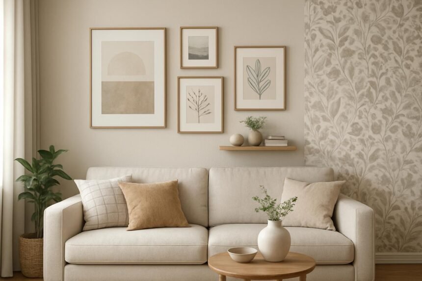 Stílusos faldekoráció nappaliban, képek és polcok