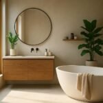 Modern fürdőszoba fenntartható anyagokkal és designnal.