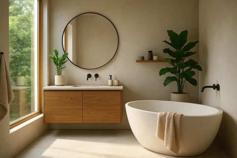 Modern fürdőszoba fenntartható anyagokkal és designnal.
